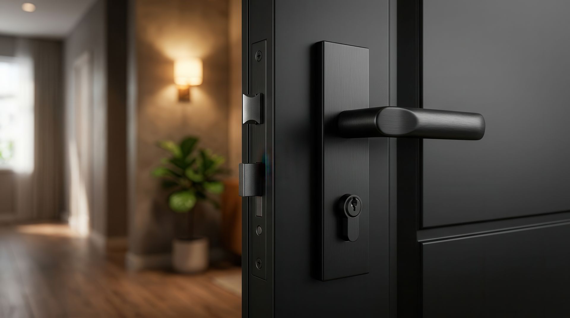 Gros plan sur une poignée de porte noire moderne sur une porte sombre, avec un couloir faiblement éclairé en arrière-plan.