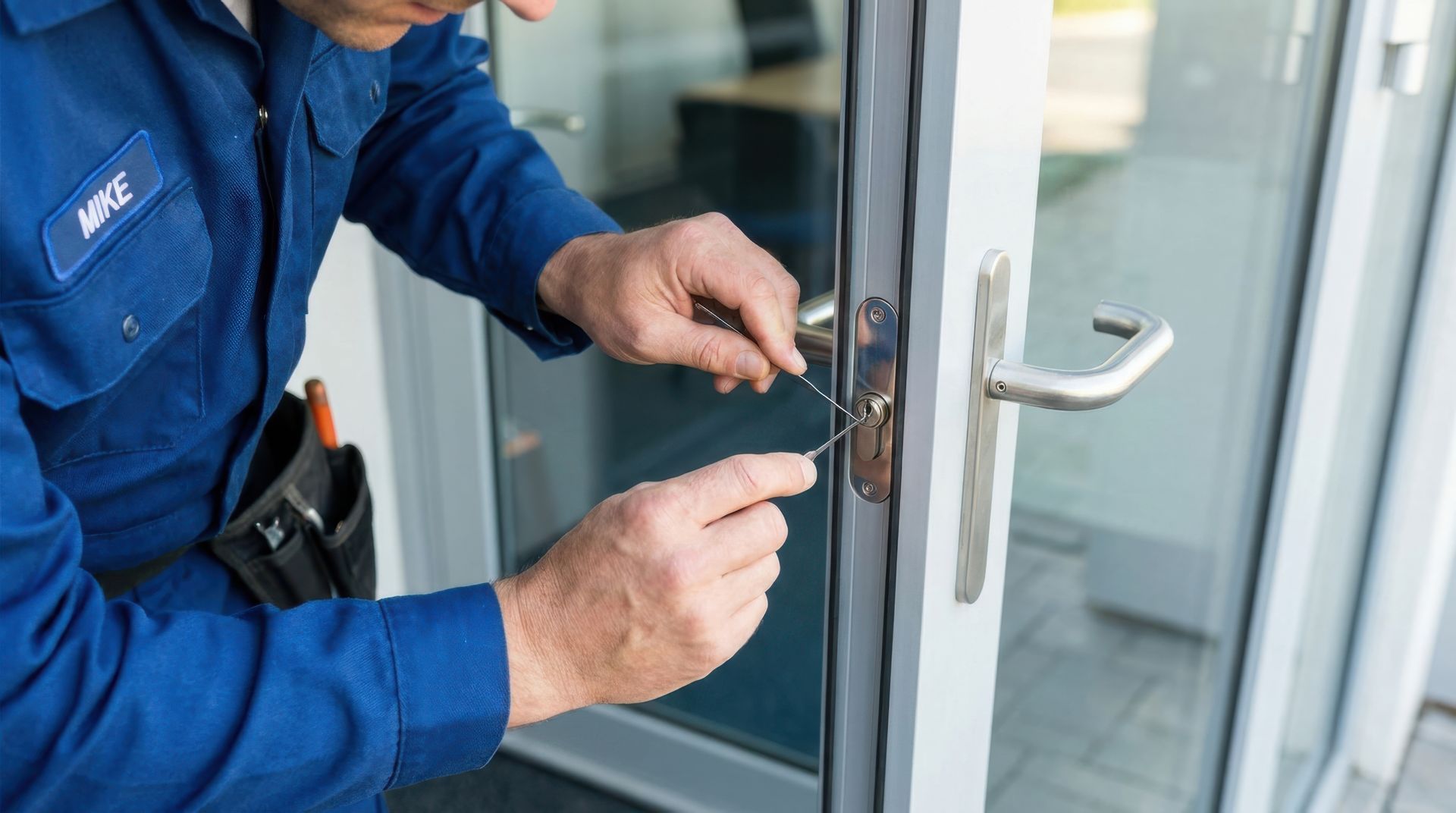 Un technicien en uniforme bleu ouvre une porte vitrée avec une clé.
