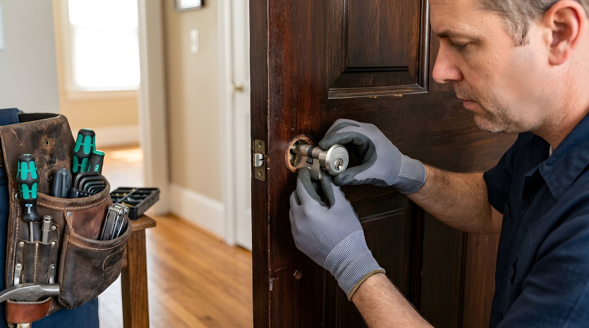 Un bricoleur installe une poignée de porte argentée sur une porte en bois foncé, ses outils étant rangés à proximité.
