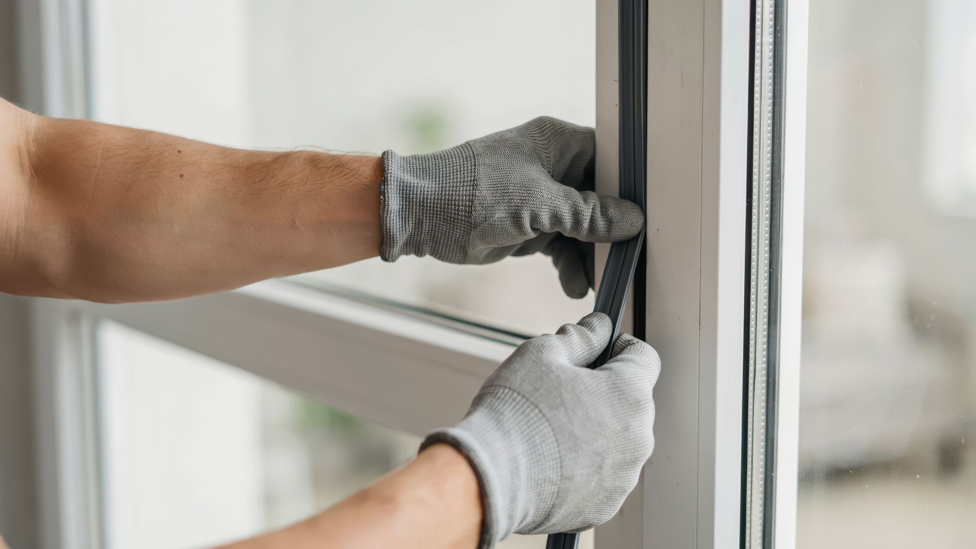 Des mains gantées installent des joints d'étanchéité sur un cadre de fenêtre blanc