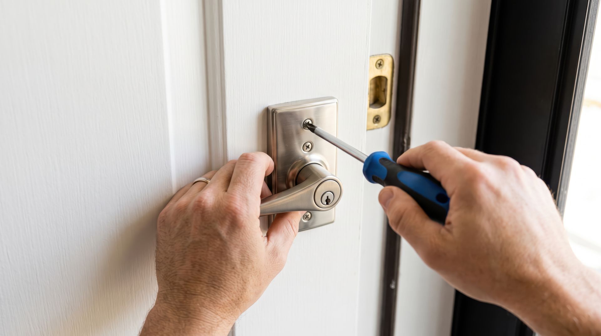 Des mains utilisent un tournevis bleu pour régler le loquet d'une porte sur un cadre de porte blanc.