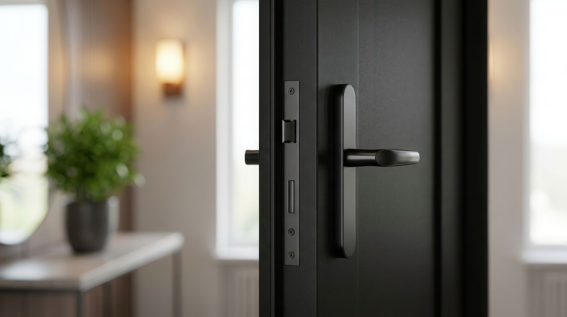 Gros plan sur une poignée de porte noire sur une porte intérieure moderne, avec un arrière-plan flou de salon.