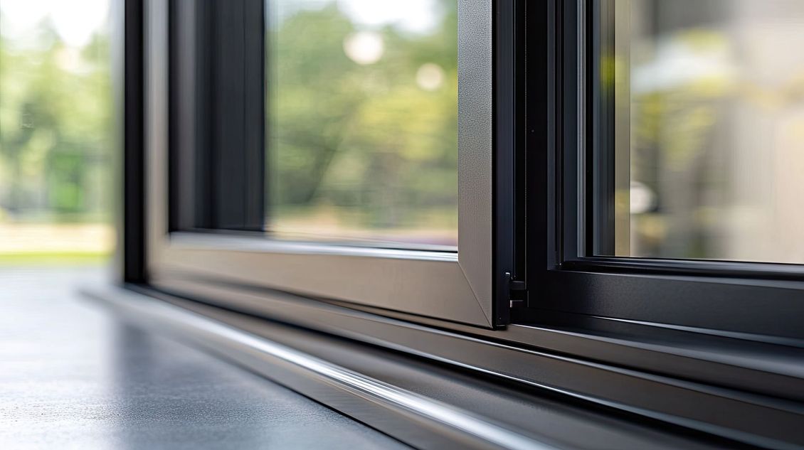 Gros plan sur le rail d'une porte coulissante en verre, avec de la verdure floue à l'extérieur.