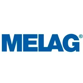 El logotipo de Melag es azul y blanco sobre un fondo blanco.