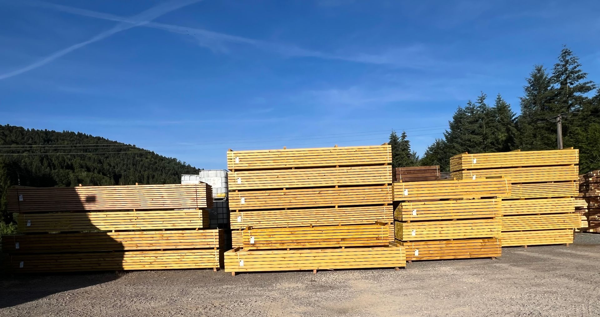 Dans un atelier, une machine à bois transforme une bûche en planche parmi des bûches empilées.