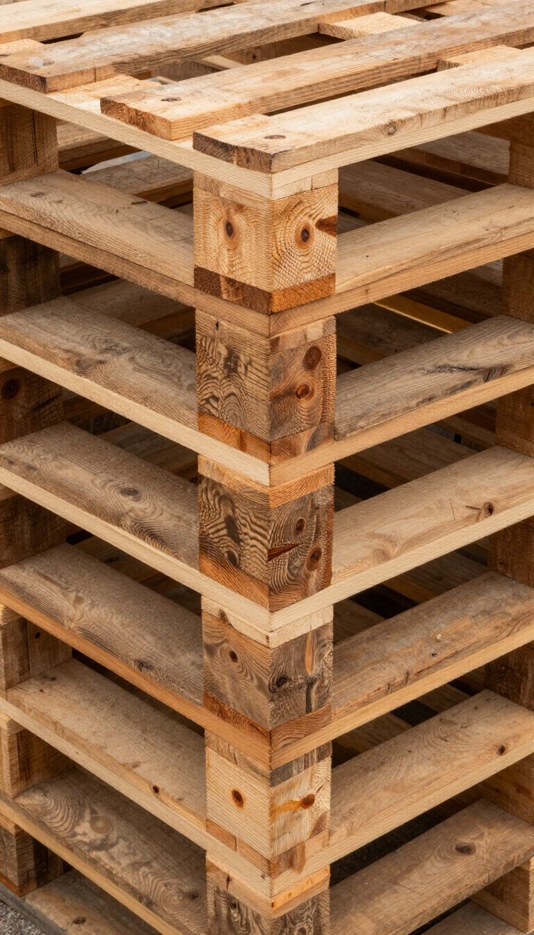 Palettes en bois empilées dans un entrepôt, vues du coin.
