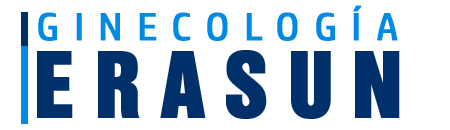Logo de ginecología ERAS UN en azul y blanco con diseño de texto horizontal