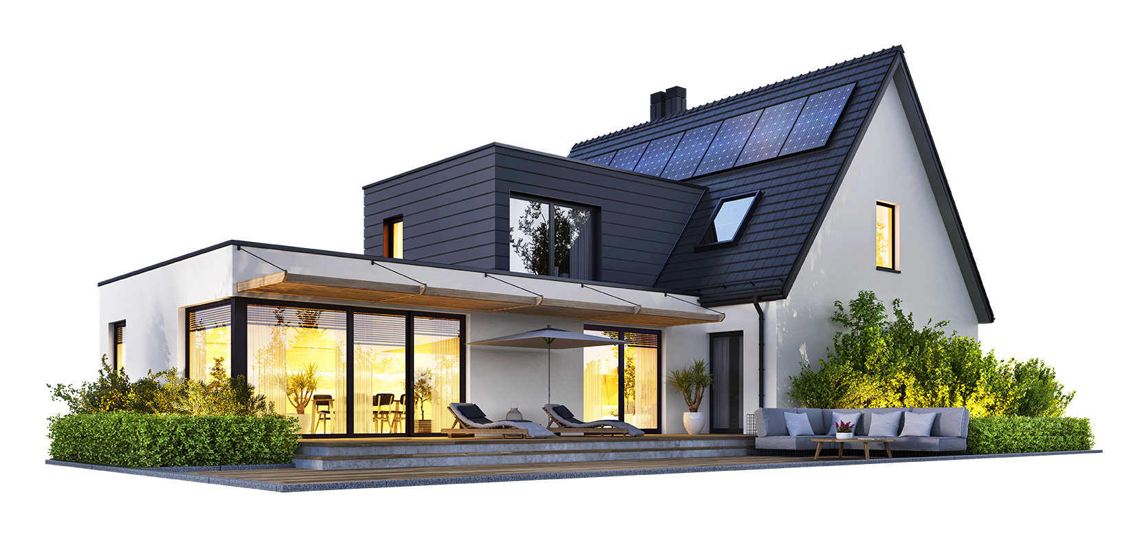 Maison équipée de panneaux solaires avec les lumières allumées