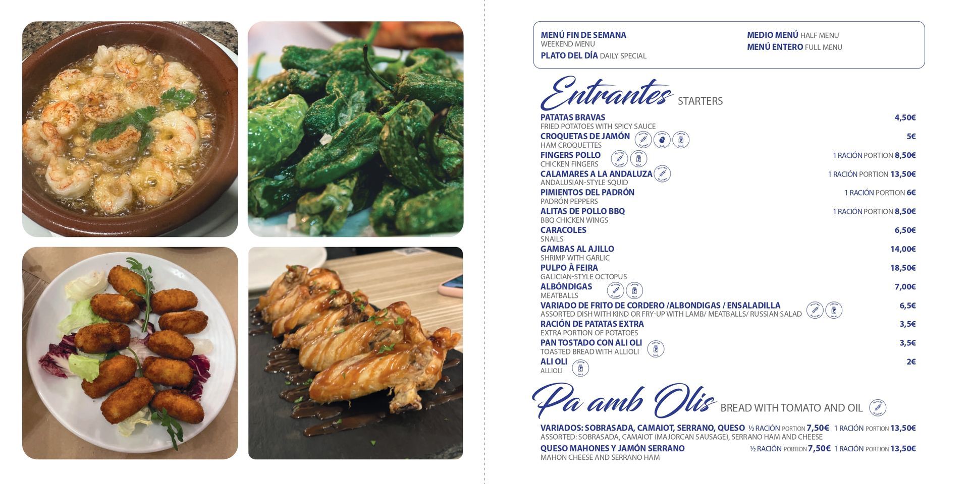 Un menú para un restaurante con una variedad de comidas.