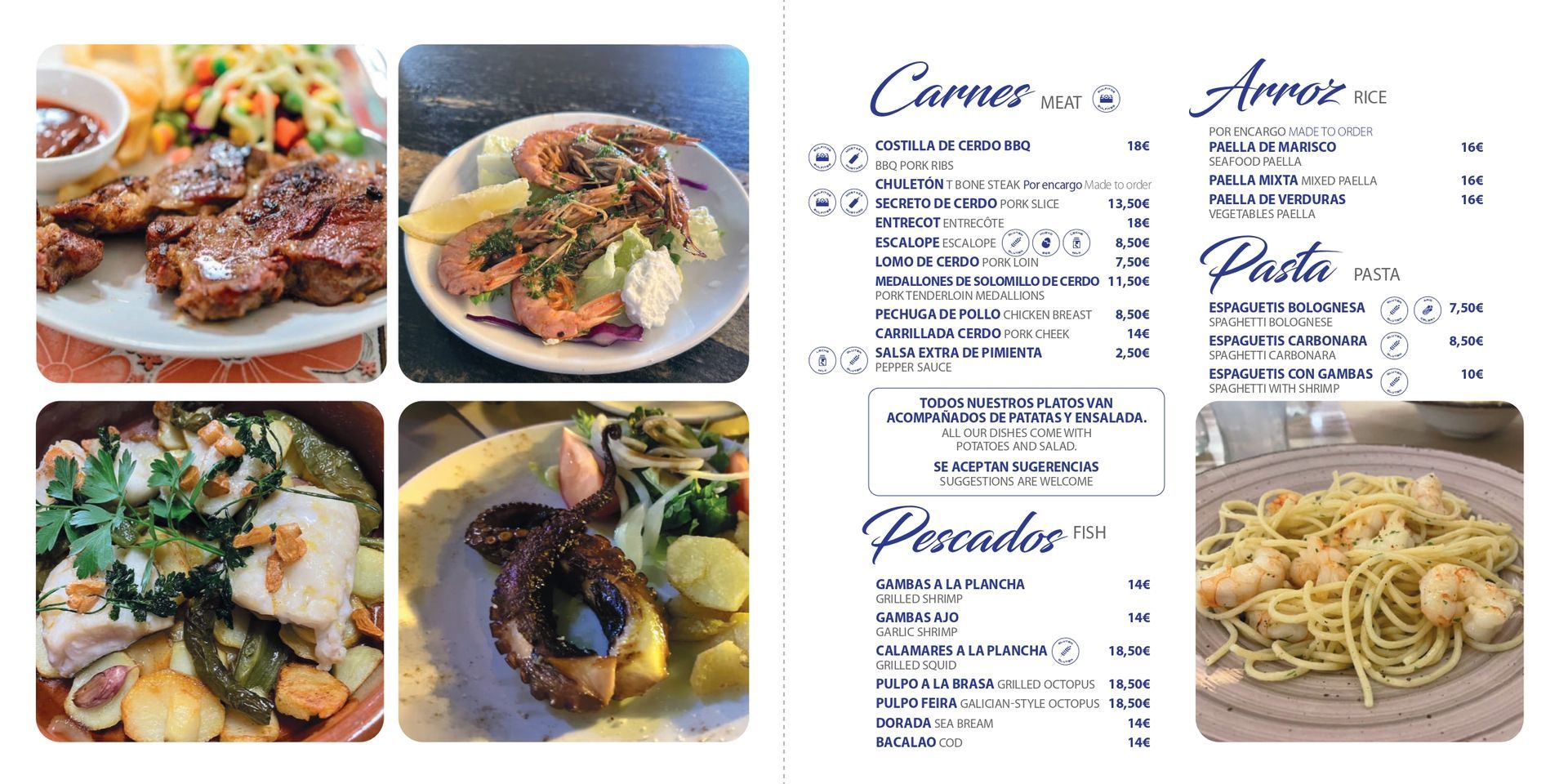 Un collage de imágenes de diferentes tipos de comida y un menú.