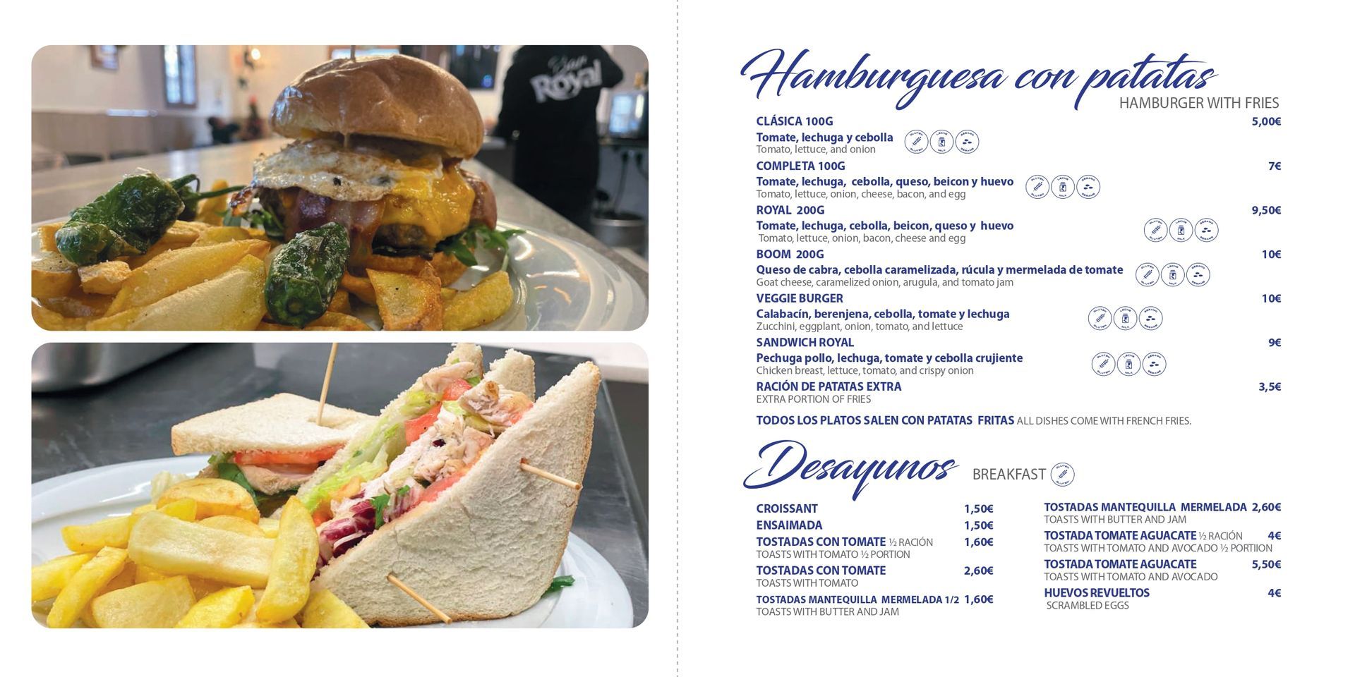 Un menú con un sándwich y una hamburguesa.