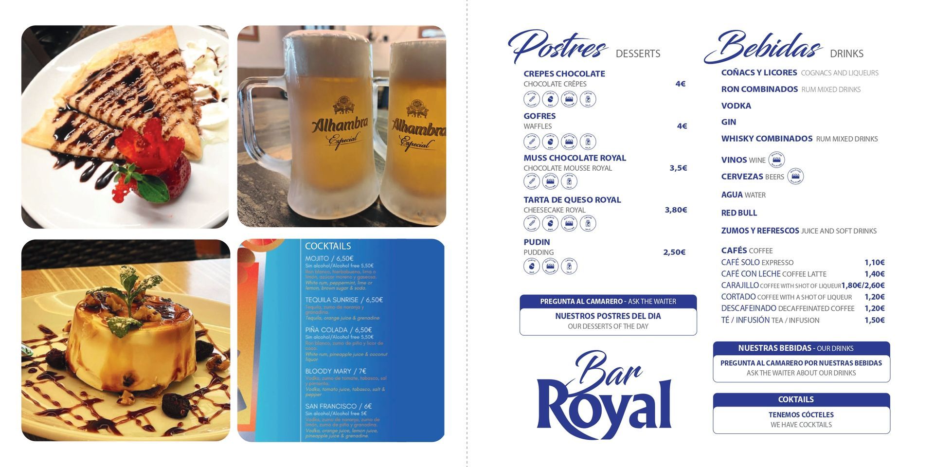 Un menú para un restaurante llamado Bar Royal