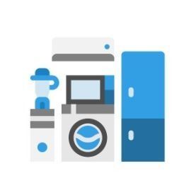 Un conjunto de electrodomésticos que incluye un refrigerador, una licuadora, una lavadora y un aire acondicionado.