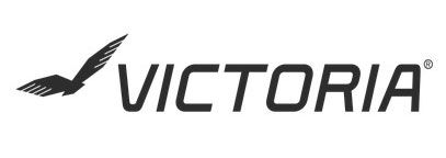 Victoria-Logo mit schwarzem Vogelsymbol und stilisiertem schwarzem Text auf weißem Hintergrund