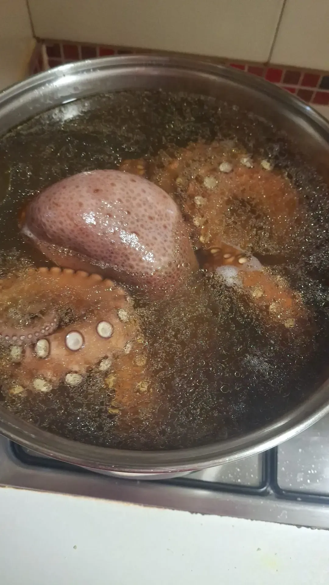 Olla de mariscos a fuego lento con tentáculos de pulpo y caldo en la estufa.