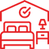 Un icono de línea roja de una casa con una cama y una marca de verificación.