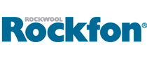 El logotipo de Rockwool Rockfon es azul y blanco.