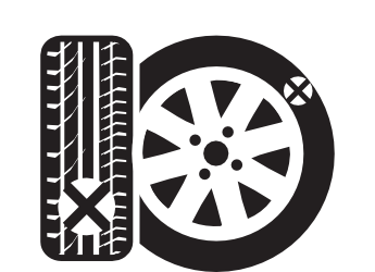 Dibujo de la banda de rodadura de un neumático junto a una rueda, ambos marcados con una X, probablemente indicando una rotación o reemplazo de un neumático.