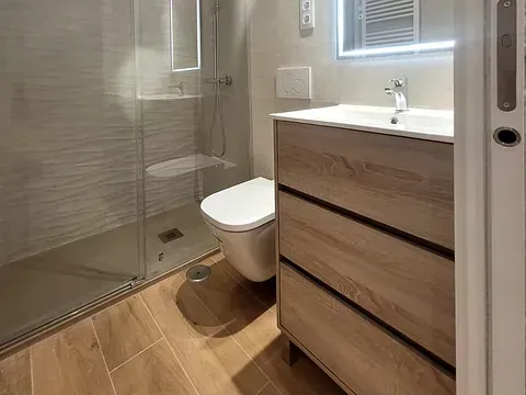 Un baño con inodoro, lavabo y ducha.