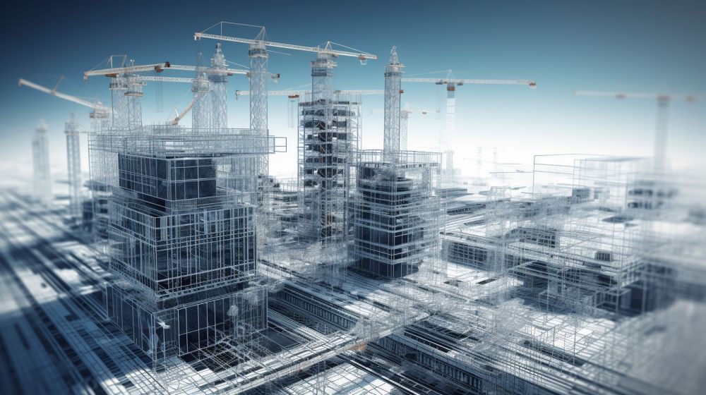 Una vista aérea de un sitio de construcción con grúas y edificios en construcción.