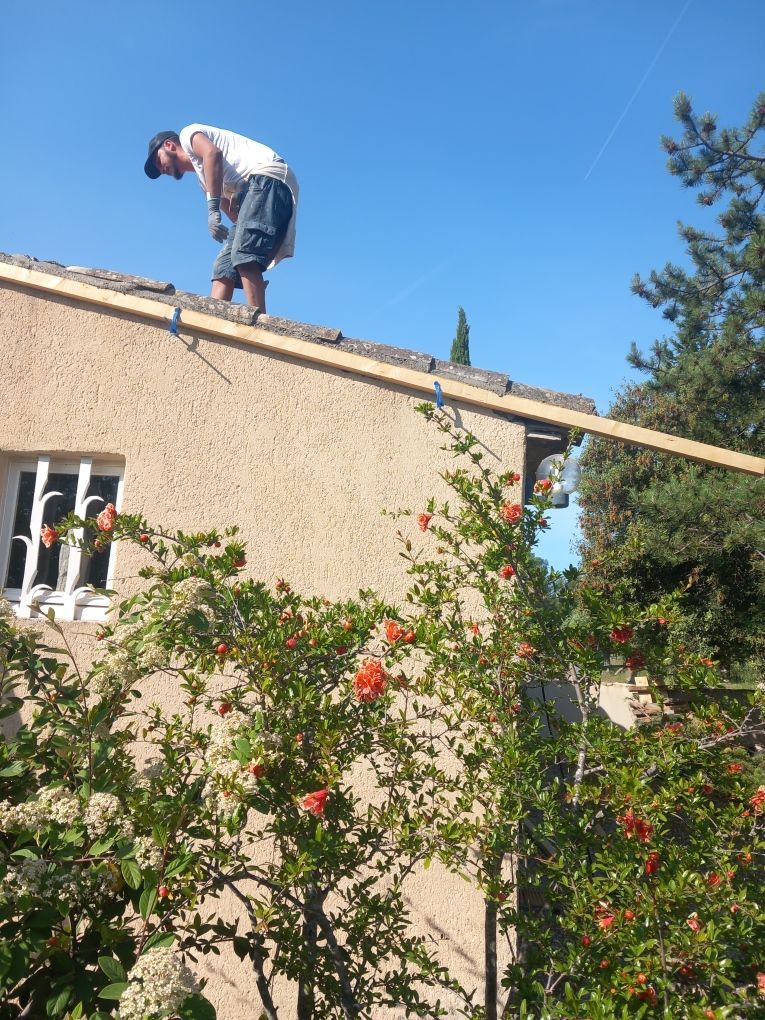 Un couvreur sur un toit et un rosier.