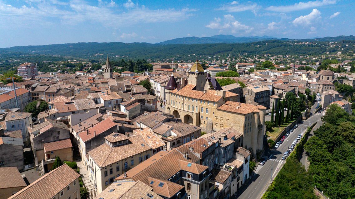 Vue aérienne d'une ville aux toits de tuiles rouges, bâtiments, arbres et montagnes sous un ciel d'un bleu éclatant.