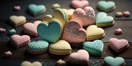 Una pila de galletas en forma de corazón sobre una mesa de madera.