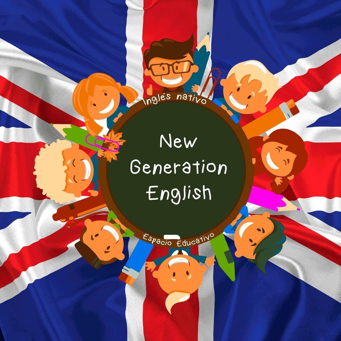 Un grupo de niños están parados en círculo frente a una bandera británica que dice 