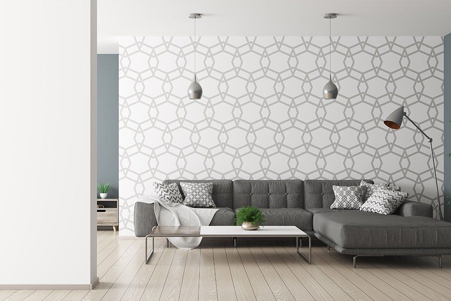 Papier peint dans un salon moderne gris et blanc