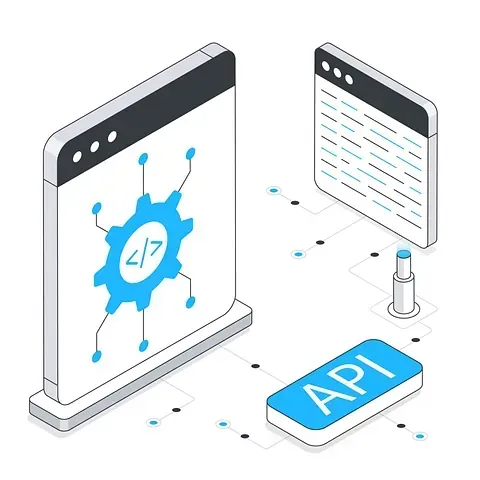 Gráfico isométrico de integración de API: un engranaje con símbolo de código conecta dos pantallas de sitio web y un botón de API.