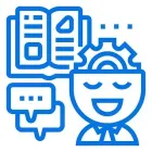 Icono azul de una persona con un libro abierto y globos de diálogo, con un engranaje dentro de su cabeza, sonriendo.