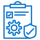 Portapapeles azul con lista de verificación, equipo y escudo con una marca de verificación.