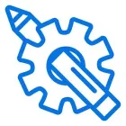 Engranaje azul con superposición de lápiz, que simboliza configuraciones o diseño.