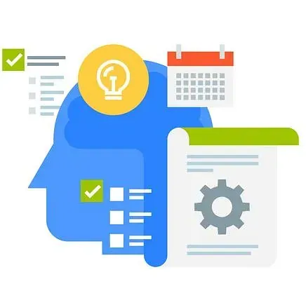 Cabeza azul con iconos de bombilla, calendario, lista de verificación y engranaje, que representan planificación y organización.