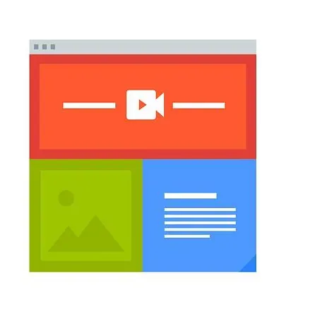 Diseño de página web con reproductor de vídeo, fotos y bloques de texto. Combinación de colores rojo, verde y azul.