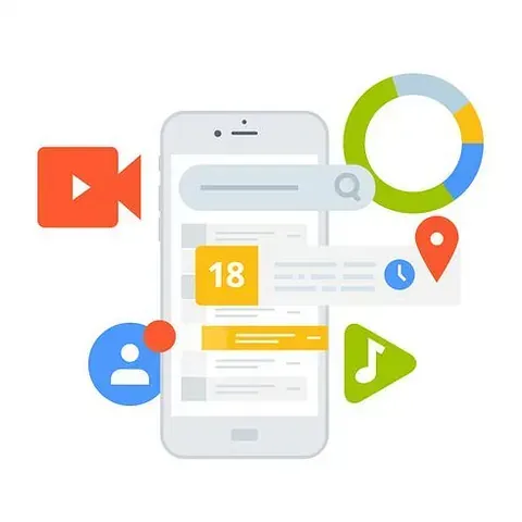 Teléfono inteligente rodeado de iconos de aplicaciones: vídeo, contactos, mapa, música y gráfico.