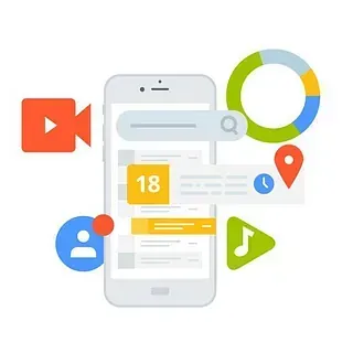 Interfaz de teléfono inteligente con íconos para video, contactos, ubicación, música, calendario y un gráfico de datos.