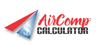 Logotipo con formas rojas y azules, AirComp en letras rojas y CALCULADORA en letras mayúsculas grises.