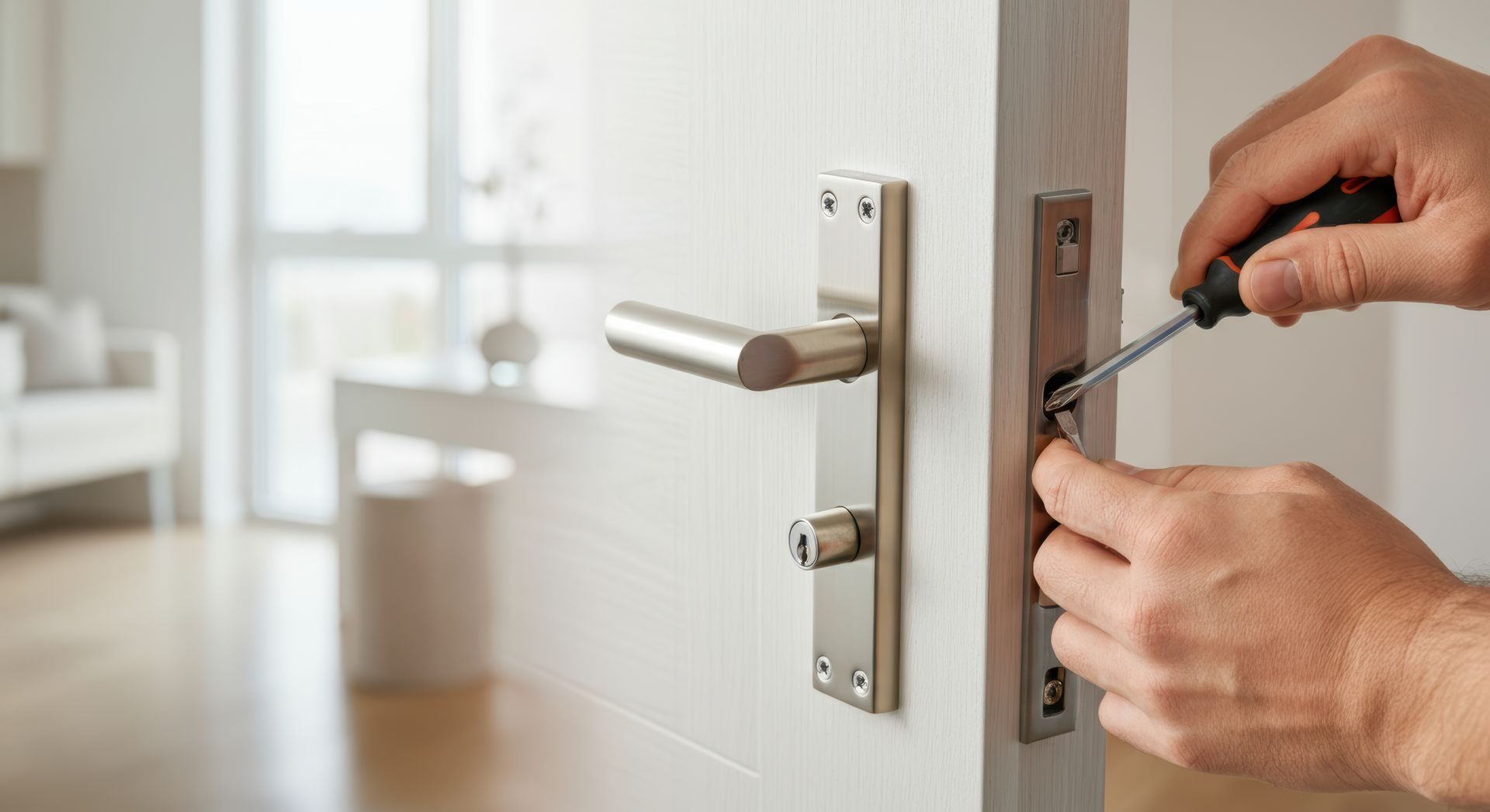 Une main tenant un tournevis sur une porte de service