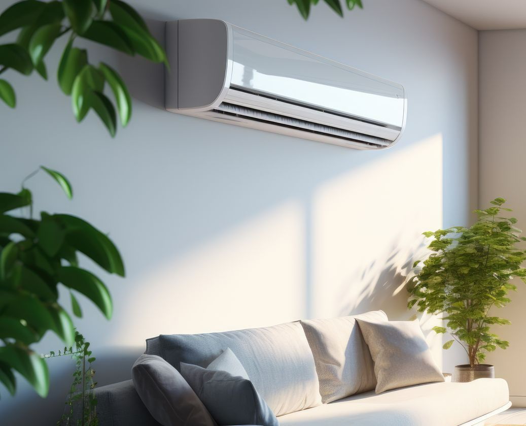 Une climatisation accrochée au mur au-dessus du canapé