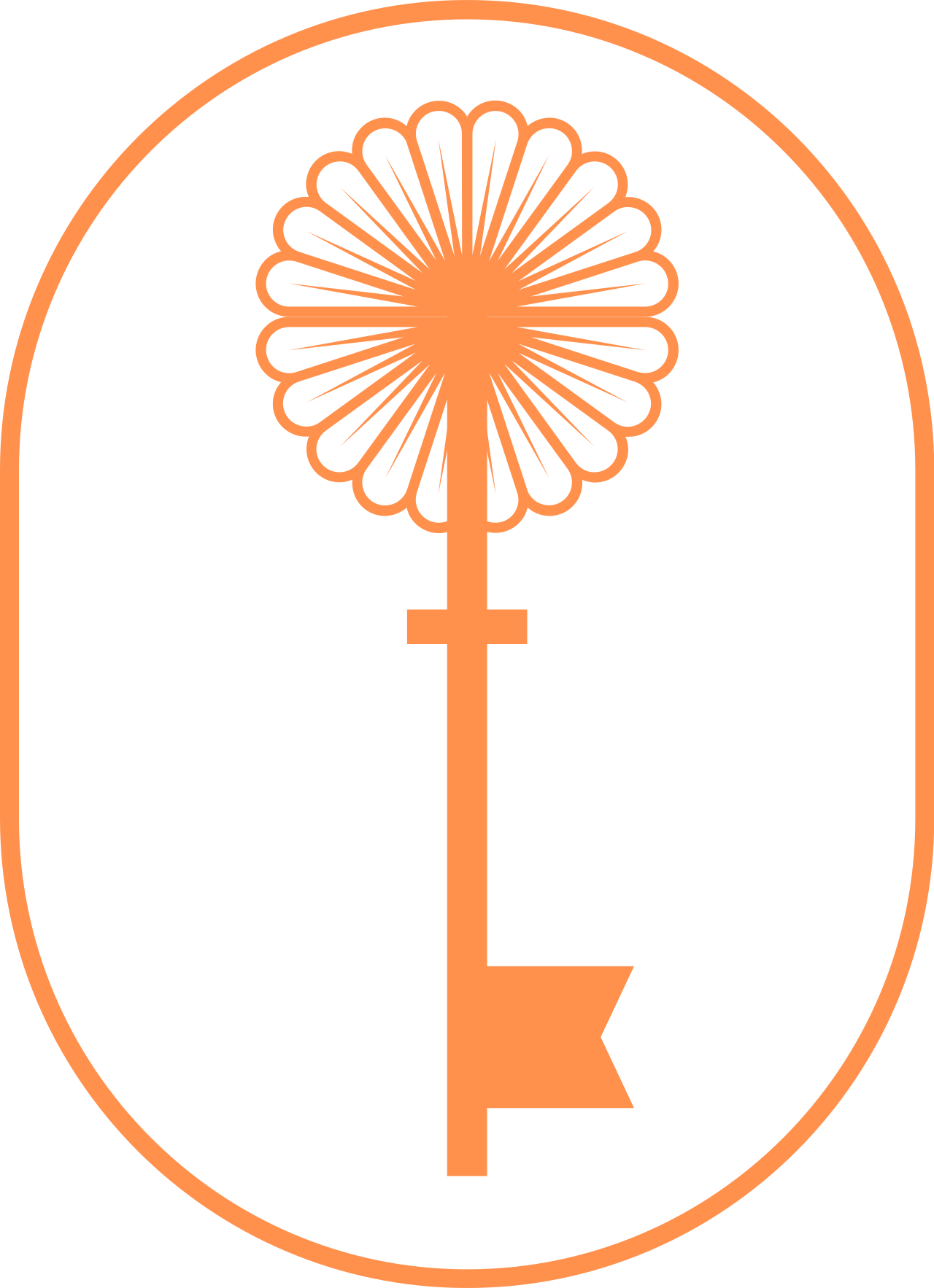 A peach-colored, minimalist line-art logo featuring a key with a daisy-shaped head, enclosed within an oval border.