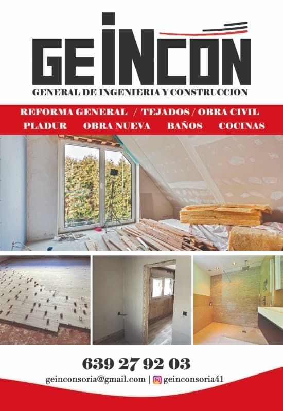 Anuncio de GEINCON, empresa constructora, que muestra reformas: una habitación, un piso, un pasillo y un baño. Diseño en rojo y blanco.