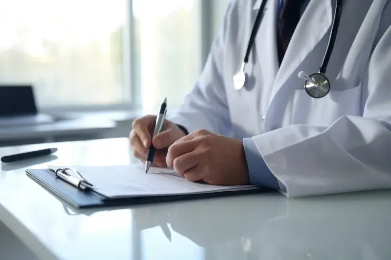 Un médico está sentado en un escritorio escribiendo en un portapapeles.