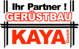 Logo für KAYA GmbH Gerüstbau mit schwarzer und roter Schrift und dem Slogan „Ihr Partner!“