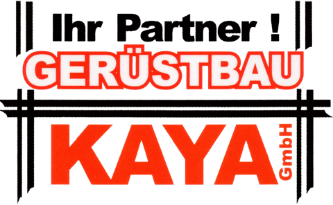Logo für „Ihr Partner! GERÜSTBAU KAYA GmbH“ in Schwarz, Rot und Weiß mit fetter Schrift