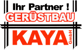 Logo für KAYA GmbH Gerüstbau mit schwarzer und roter Schrift und dem Slogan „Ihr Partner!“