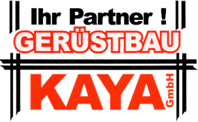 Logo für KAYA GmbH Gerüstbau mit schwarzer und roter Schrift und dem Slogan „Ihr Partner!“
