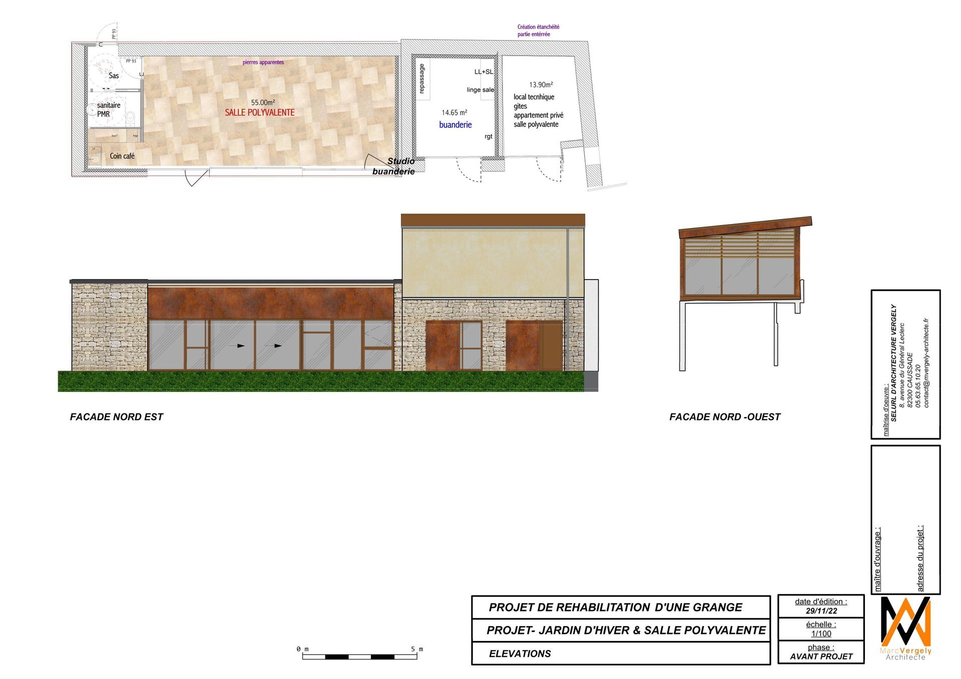 Dessins architecturaux montrant l'élévation, le plan et la coupe d'un bâtiment. On y distingue notamment une façade en pierre, des fenêtres en verre et un toit en pente.