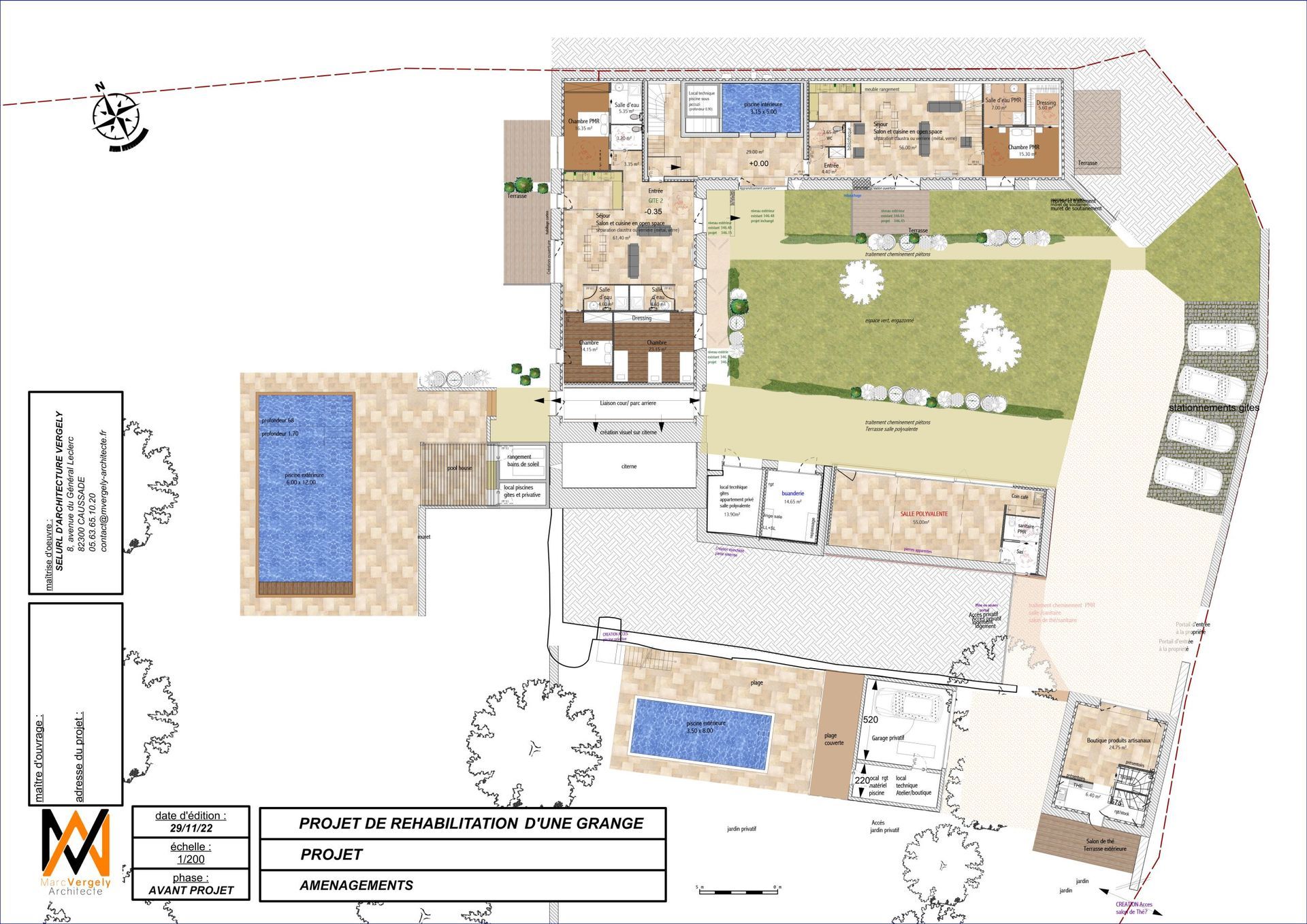 Plan architectural d'une maison avec piscine, terrasse et jardin, dans des tons de brun, beige et vert.