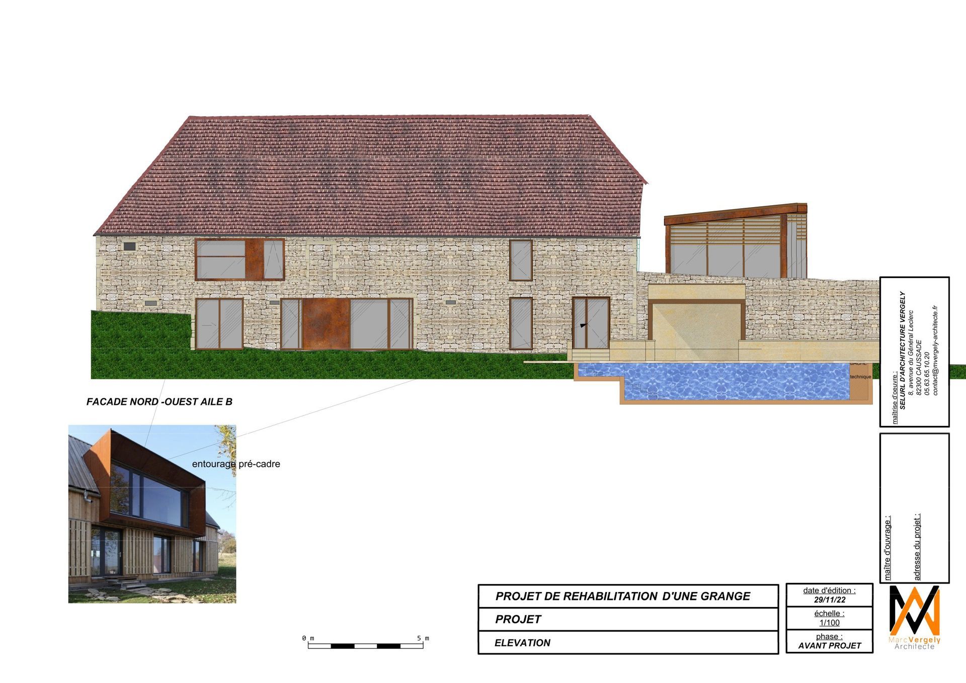 Représentation architecturale d'une maison en pierre avec piscine et annexe moderne, entourée de verdure.